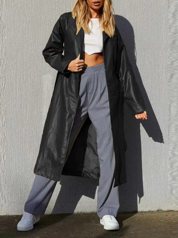 Women's Temperament Casual Windbreaker Jacket Solid Color Long Leather Jacket