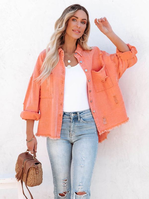 Coat mid-length new style ripped loose denim shirt jacket