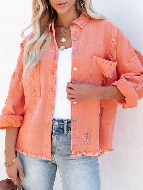 Coat mid-length new style ripped loose denim shirt jacket