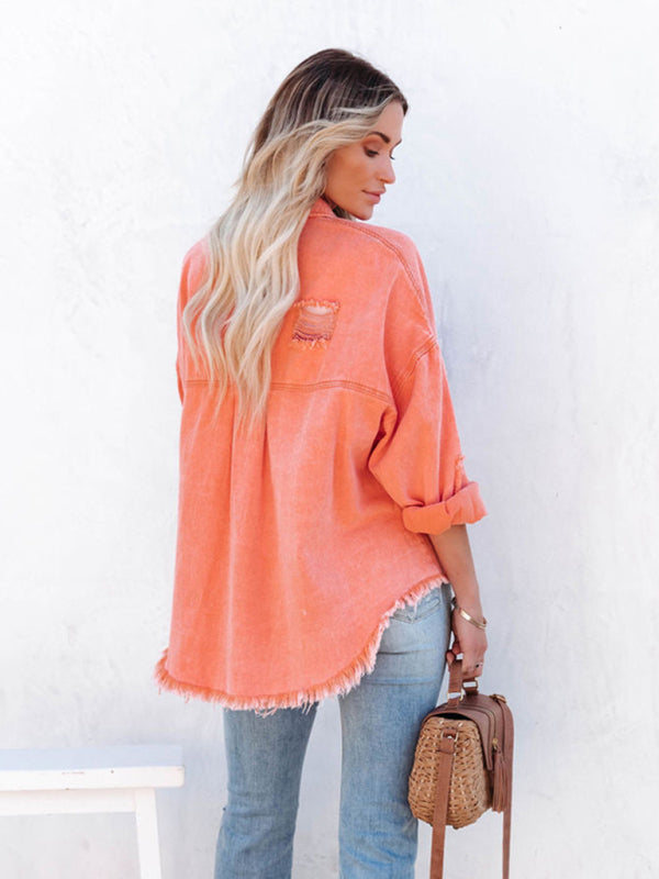 Coat mid-length new style ripped loose denim shirt jacket