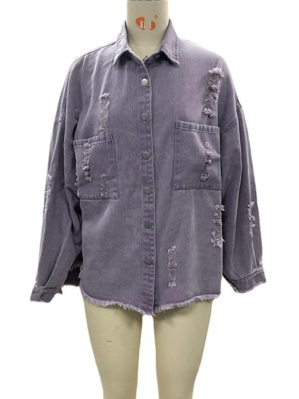 Coat mid-length new style ripped loose denim shirt jacket