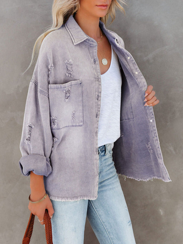 Coat mid-length new style ripped loose denim shirt jacket