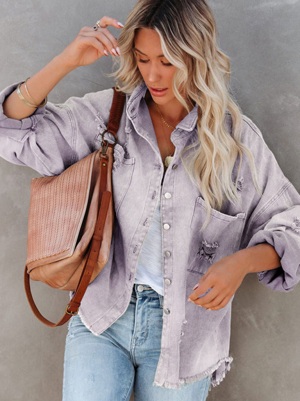 Coat mid-length new style ripped loose denim shirt jacket