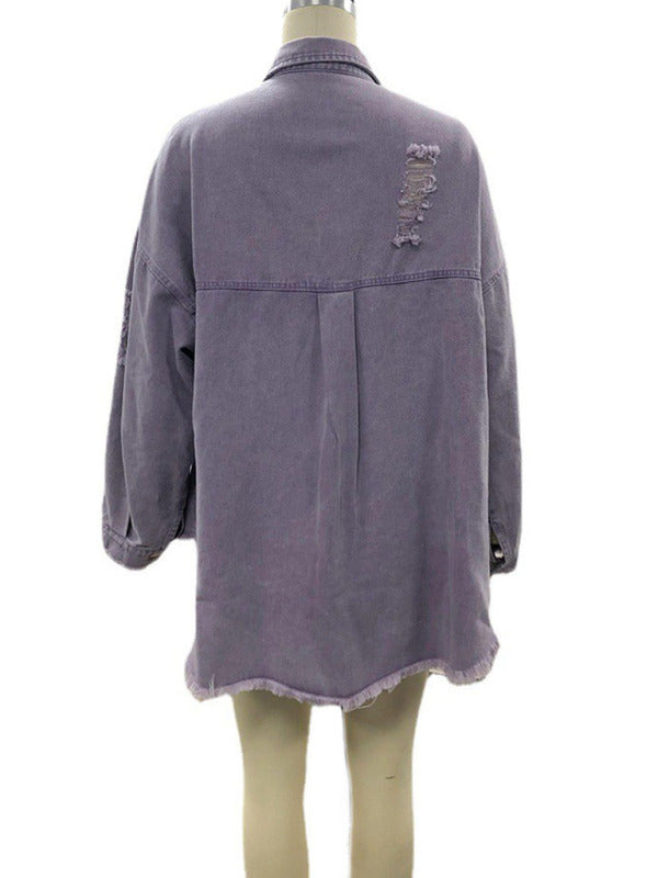 Coat mid-length new style ripped loose denim shirt jacket
