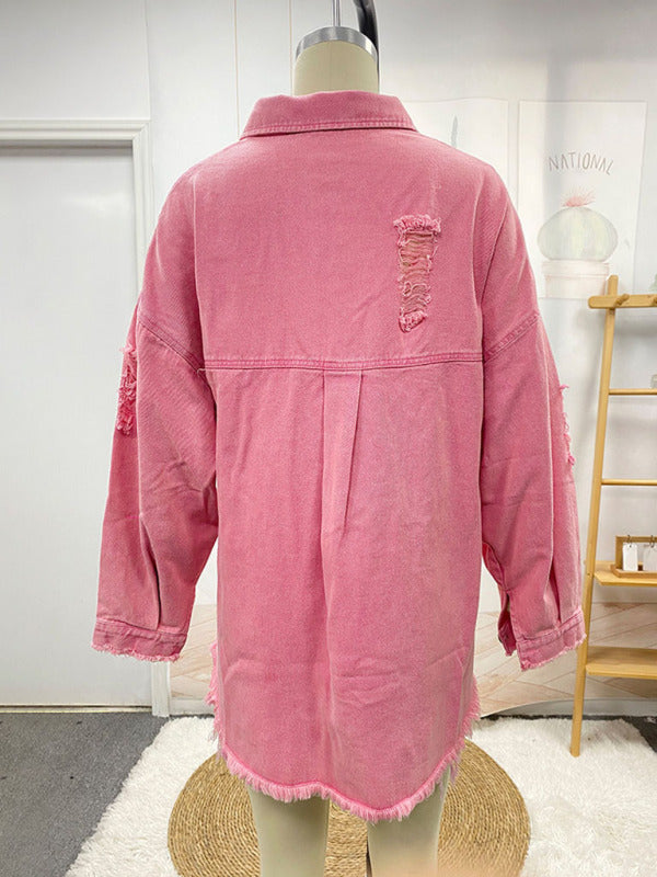 Coat mid-length new style ripped loose denim shirt jacket