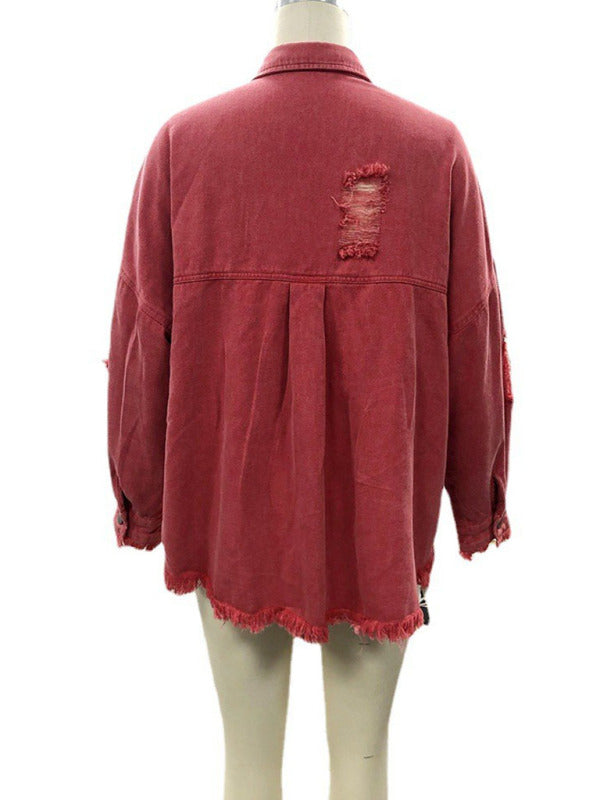 Coat mid-length new style ripped loose denim shirt jacket