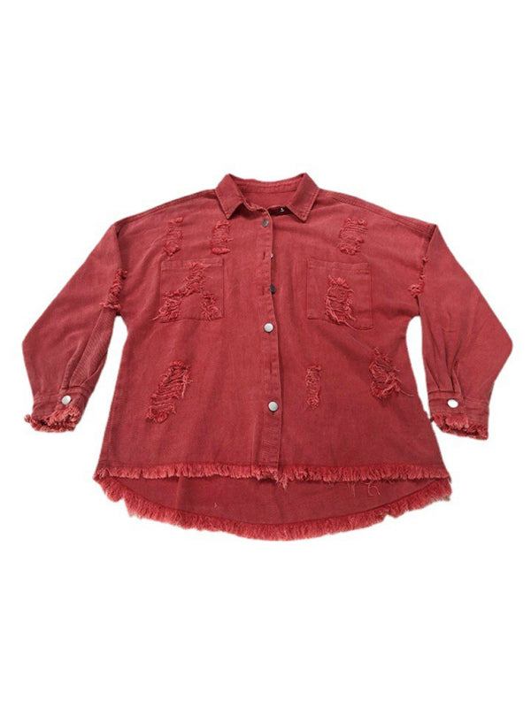 Coat mid-length new style ripped loose denim shirt jacket
