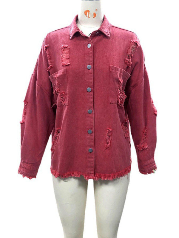 Coat mid-length new style ripped loose denim shirt jacket