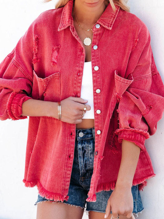 Coat mid-length new style ripped loose denim shirt jacket