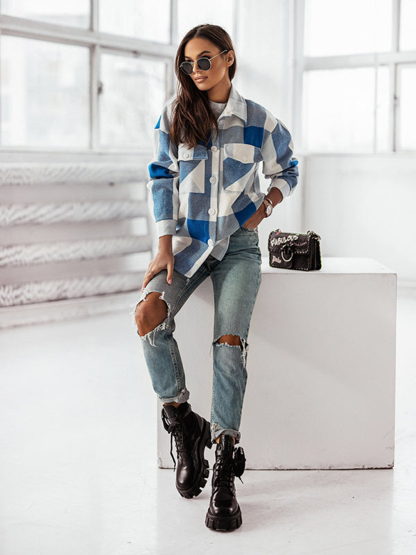Women's Fashion Color Plaid Shirt Brushed Wool Jacket