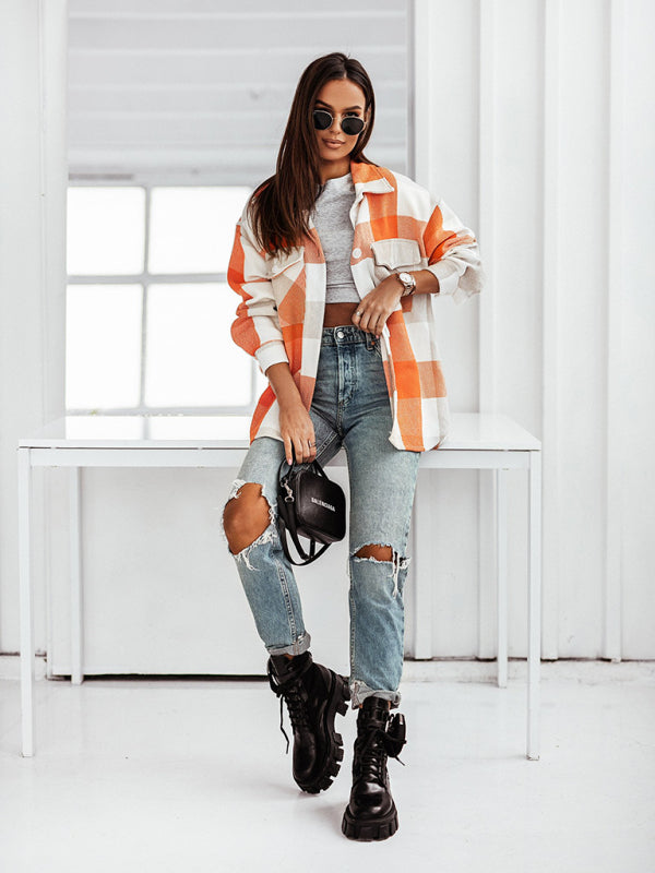 Women's Fashion Color Plaid Shirt Brushed Wool Jacket