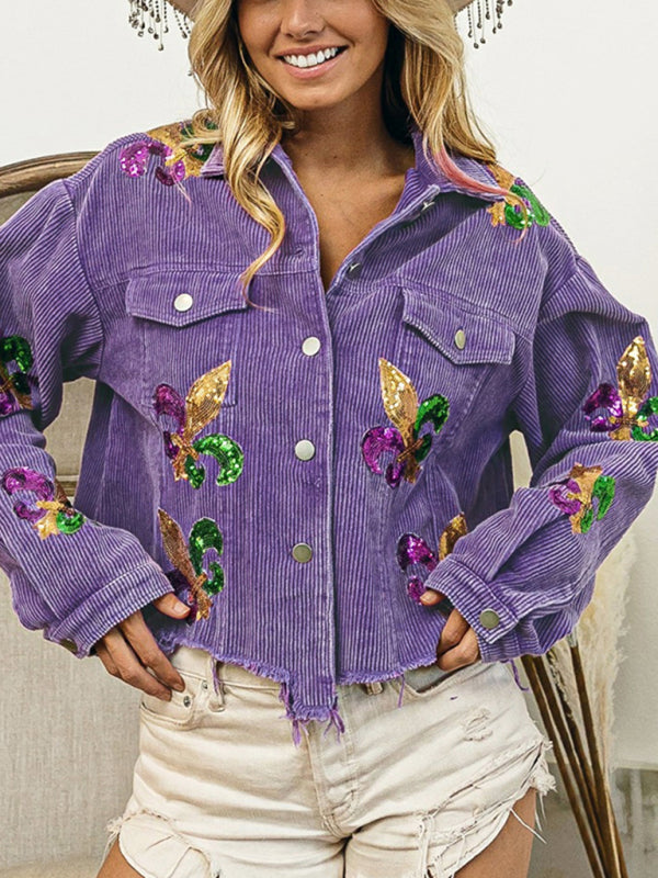 New new corduroy and sequined jacket coat tassel baseball uniform top