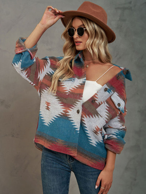 New geometric pattern short loose lapel pocket buttons women's woolen coat