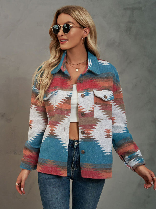 New geometric pattern short loose lapel pocket buttons women's woolen coat