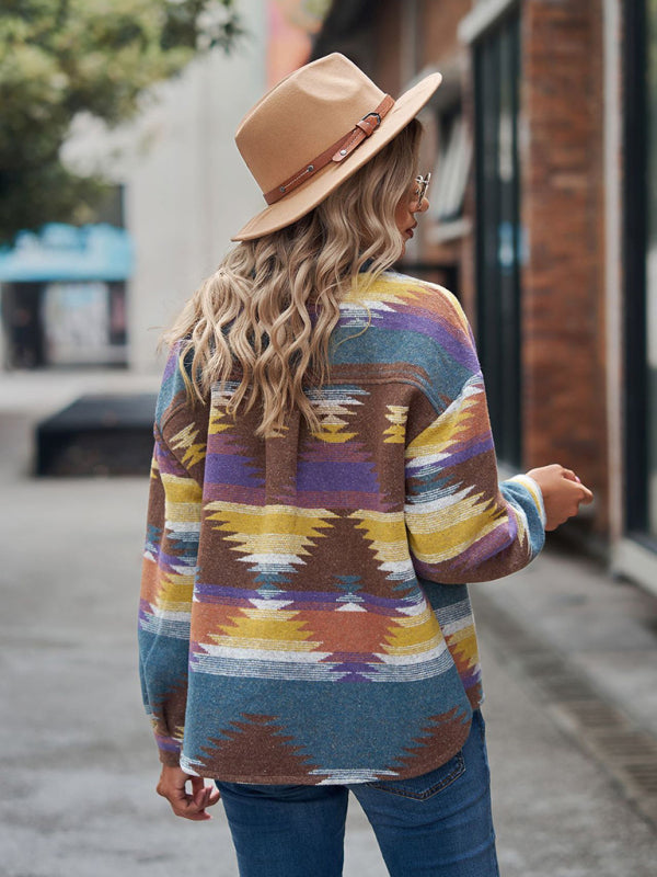 New geometric pattern short loose lapel pocket buttons women's woolen coat