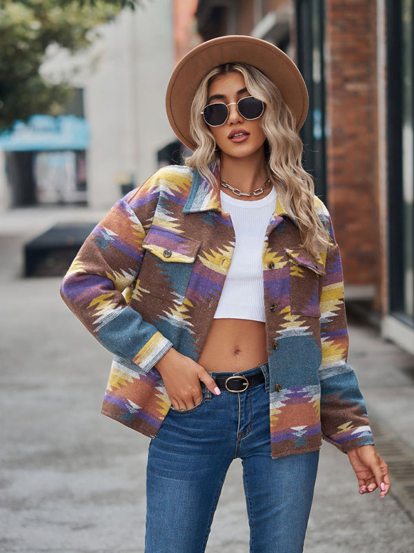 New geometric pattern short loose lapel pocket buttons women's woolen coat