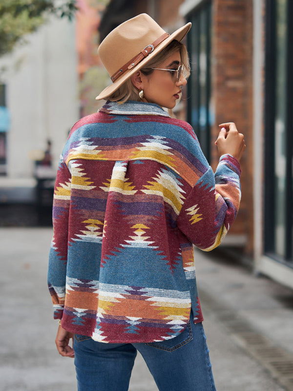 New geometric pattern short loose lapel pocket buttons women's woolen coat
