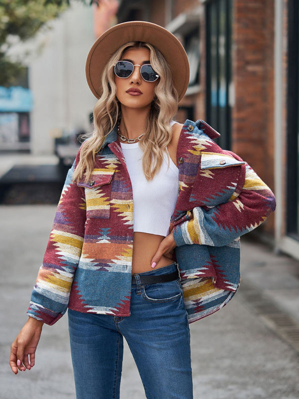 New geometric pattern short loose lapel pocket buttons women's woolen coat