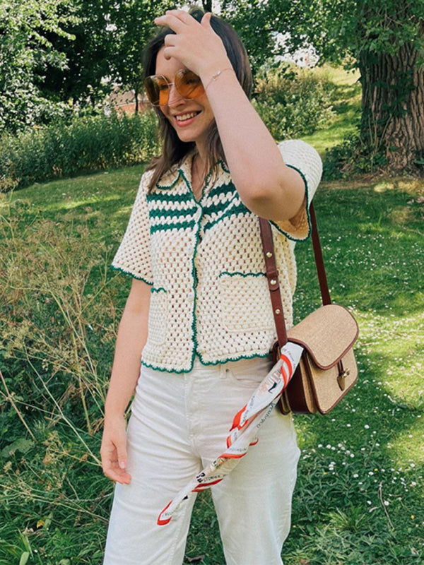 Women's Striped Lapel Hollow Short Sleeve Top