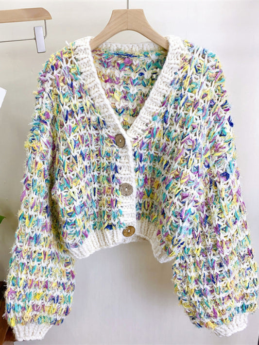 Women's Thick Knitted Colorful Hand-Knitted Sweater Jacket Lazy Style Outer Top