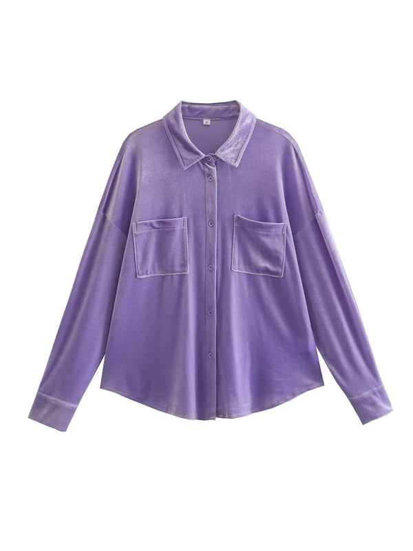 Women's velvet shirt lapel single breasted top