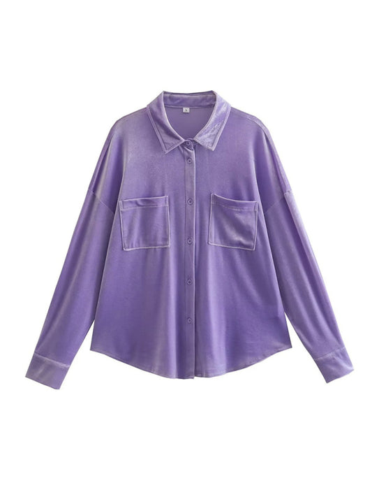 Women's velvet shirt lapel single breasted top