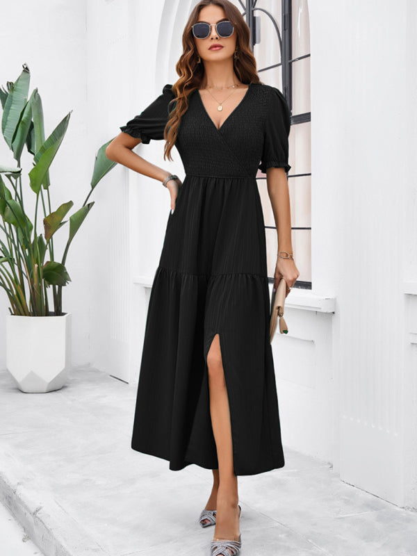 New spring and summer solid color temperament V-neck short-sleeved long skirt