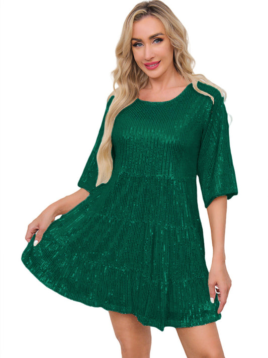 Women's Fashion Solid Color Loose Waist Short Sleeve Short Skirt Sequined Dress Party Banquet Dress