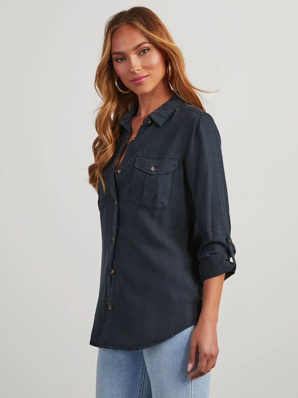 New casual lapel single-breasted women's long-sleeved denim
