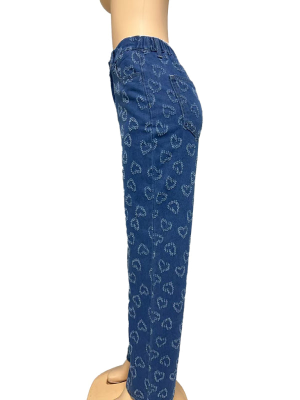 New Valentine's Day Love Crochet Jeans Casual Washed Straight Trousers