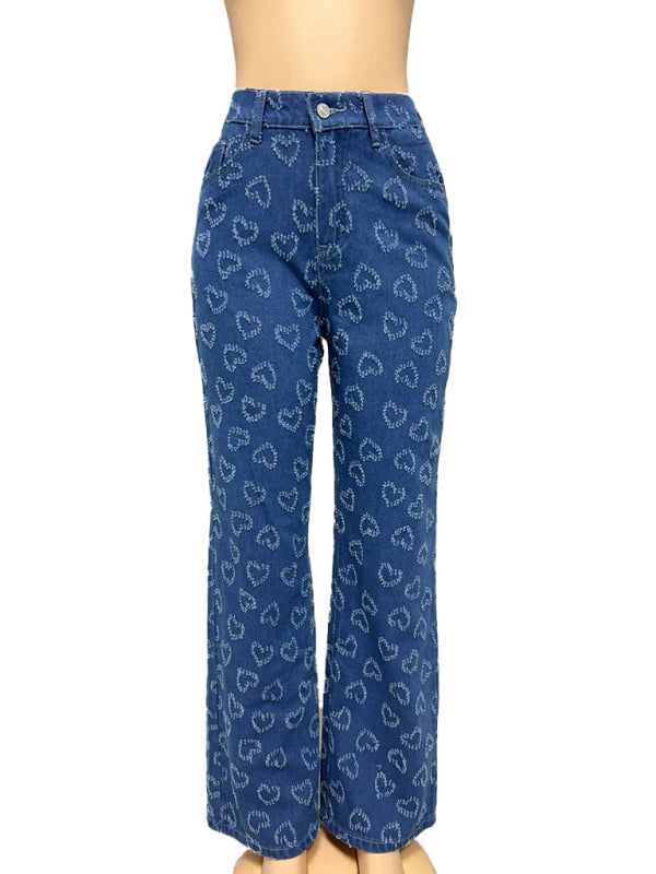 New Valentine's Day Love Crochet Jeans Casual Washed Straight Trousers