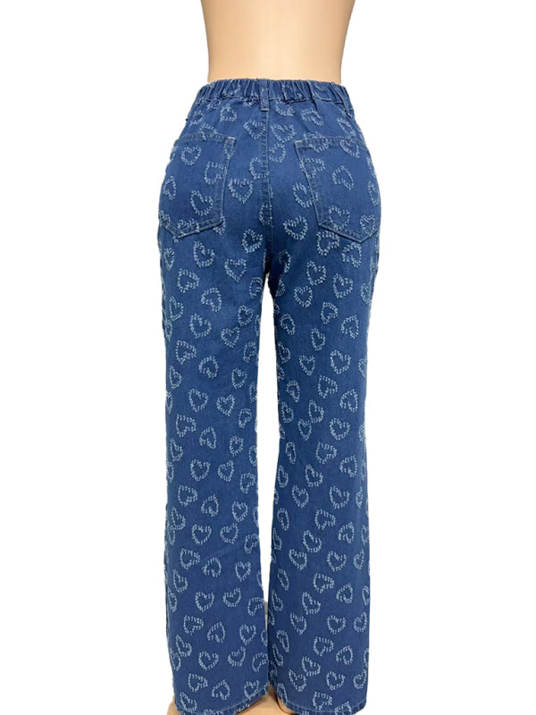 New Valentine's Day Love Crochet Jeans Casual Washed Straight Trousers