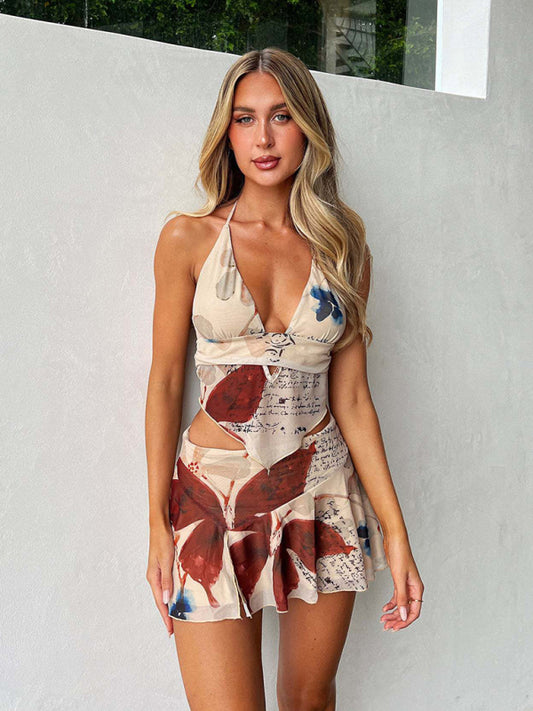 Hollow Strap Irregular Printed Vest Flower Printed Short Skirt Fashion Set