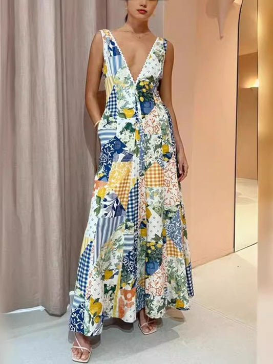 Casual printed women's sleeveless large V-neck swing dress